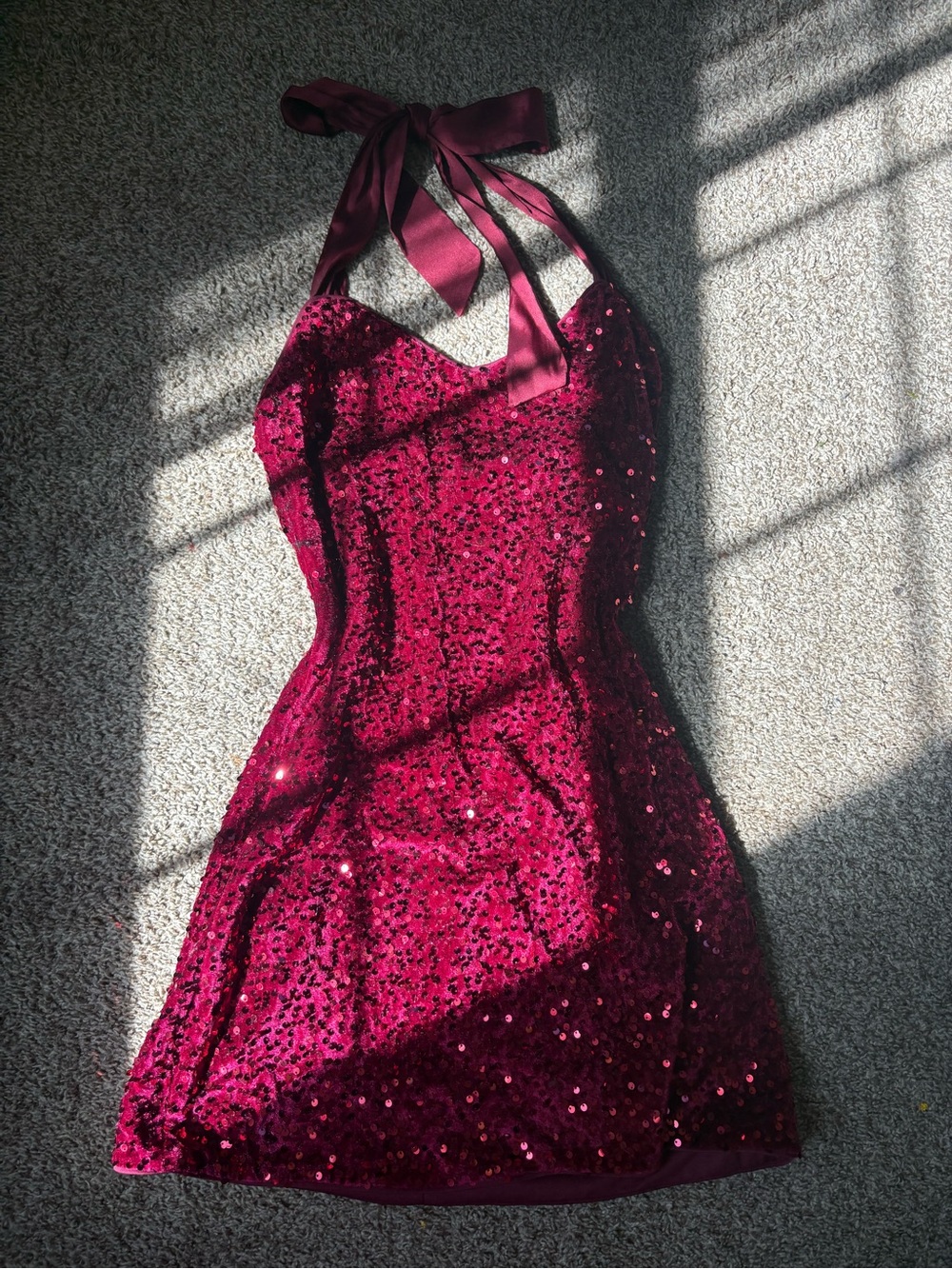 Sparkling Burgundy Sequin Halter Mini Dress